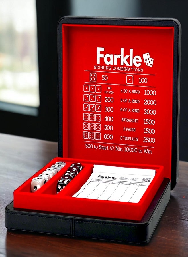 Luck Lab Farkle Dice Tray and Storage Case - Includes Embedded Scoring Combinations, 2 Sets of 6 Pearl Dice, 40 Sheet Score Pad and Pen Holder for The Classic Family Game (Red) - Image 3